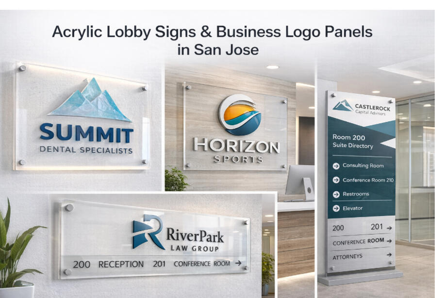 Custom acrylic lobby signs and dimensional lettering installed in San Jose offices